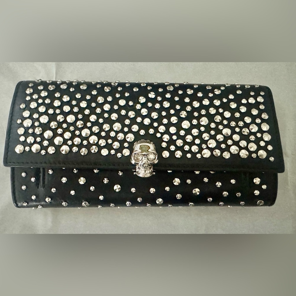 Alexander McQueen Black Leather Studded Skull Wallet on a chain. NWT